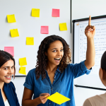 **

A diverse group of colleagues brainstorming in a brightly lit office. Some are gesturing enthusiastically, others are listening intently. Sticky notes cover a whiteboard in the background. The atmosphere is energetic and collaborative. Focus on expressions of open communication and active participation. Include elements suggesting innovation and problem-solving.

**