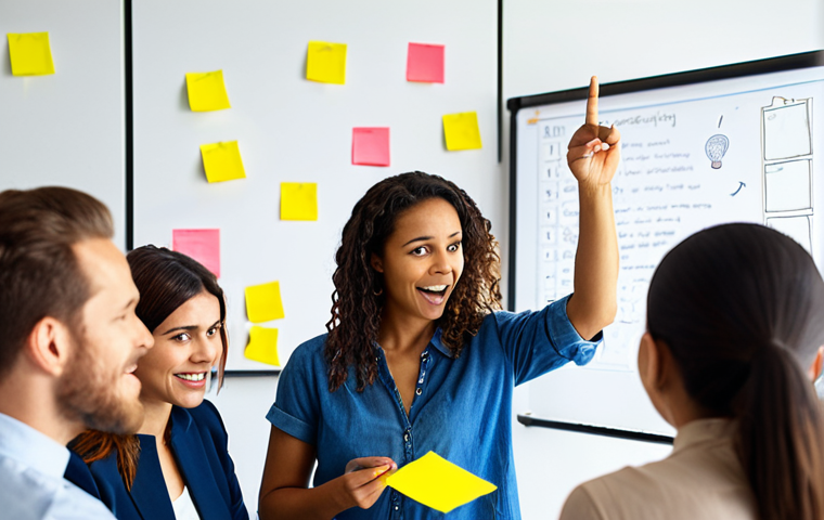**
A diverse group of colleagues brainstorming in a brightly lit office. Some are gesturing enthusiastically, others are listening intently. Sticky notes cover a whiteboard in the background. The atmosphere is energetic and collaborative. Focus on expressions of open communication and active participation. Include elements suggesting innovation and problem-solving.
**