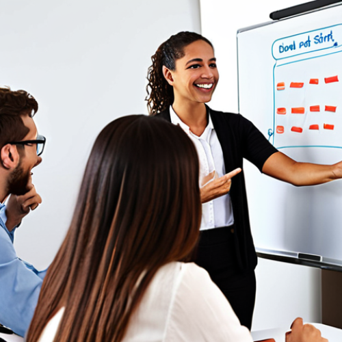 Home 14 **Prompt 1 (Psychological Safety in Action):**
A diverse team of professionals actively collaborating in a modern, well-lit office. One person is confidently presenting a "half-baked" idea on a shared screen or whiteboard, while others are listening intently, smiling, and adding their input. The atmosphere is vibrant, open, and supportive, with individuals appearing comfortable to ask questions or point out potential issues without fear. Abstract elements like interconnected lines or glowing energy symbolize shared ideas, trust, and the flow of collective innovation. Emphasize a sense of psychological safety and candid communication. Wide shot, dynamic, professional, empowering, high-resolution.