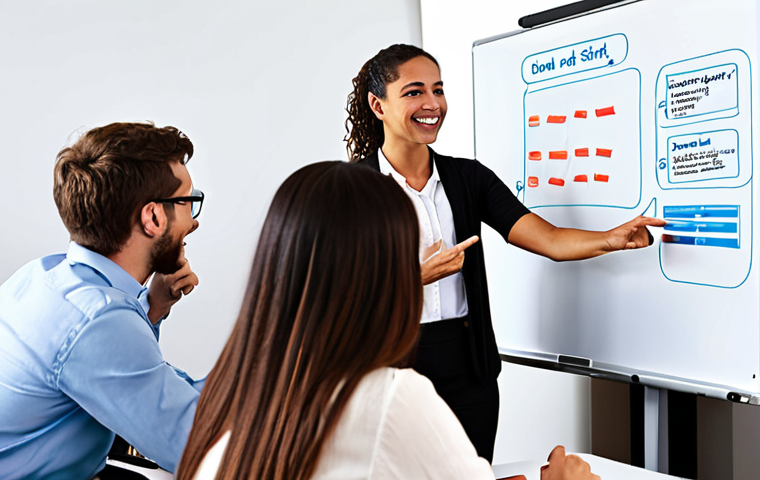 **Prompt 1 (Psychological Safety in Action):**
A diverse team of professionals actively collaborating in a modern, well-lit office. One person is confidently presenting a "half-baked" idea on a shared screen or whiteboard, while others are listening intently, smiling, and adding their input. The atmosphere is vibrant, open, and supportive, with individuals appearing comfortable to ask questions or point out potential issues without fear. Abstract elements like interconnected lines or glowing energy symbolize shared ideas, trust, and the flow of collective innovation. Emphasize a sense of psychological safety and candid communication. Wide shot, dynamic, professional, empowering, high-resolution.