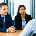 A diverse group of professionals (two men, two women) in a modern, well-lit conference room. All subjects are fully clothed in professional, modest business casual attire. They are seated around a polished conference table, engaged in a deep, reflective discussion. The background features blurred office equipment and natural light. One individual is speaking thoughtfully, while others are actively listening and nodding, conveying a sense of psychological safety and open dialogue. There are no screens or distracting elements, emphasizing personal interaction. High-resolution, professional photography, soft lighting, sharp focus, perfect anatomy, correct proportions, natural pose, well-formed hands, proper finger count, natural body proportions, safe for work, appropriate content, fully clothed, professional, family-friendly.