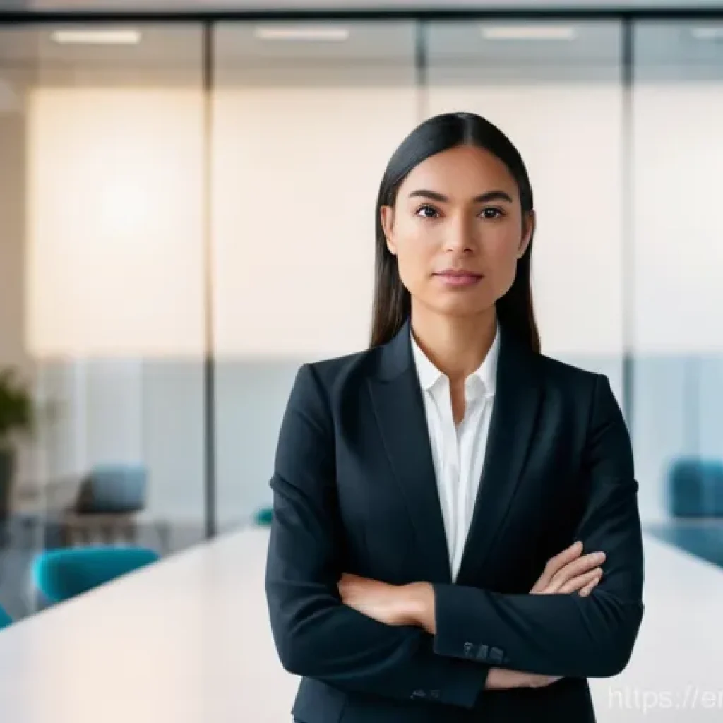 심리적 안전감을 위한 조직 변화 관리 프레임워크 - A young professional, a woman in her early 30s, stands confidently at a sleek, minimalist conference...