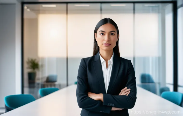 심리적 안전감을 위한 조직 변화 관리 프레임워크 - A young professional, a woman in her early 30s, stands confidently at a sleek, minimalist conference...