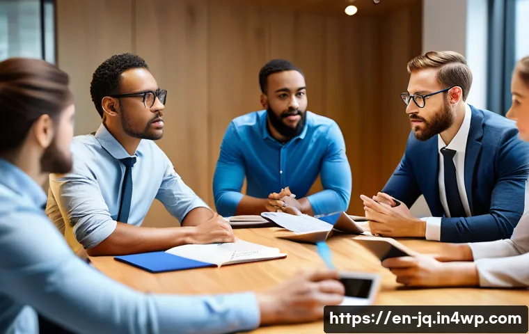 심리적 안전감을 위한 팀원 간의 피드백 루프 구축 - A diverse team of professionals engaged in a collaborative meeting in a modern office setting, with ...