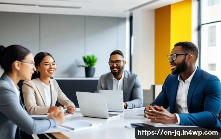 심리적 안전감을 위한 팀 내 관계 강화 전략 - A diverse group of professional team members engaged in an open communication meeting in a modern of...