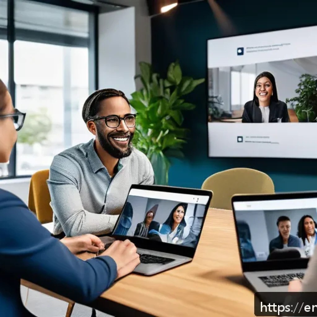 심리적 안전감을 위한 팀 내 소통 툴 비교 - A modern, diverse corporate team engaged in a hybrid meeting environment, showing a mix of people in...