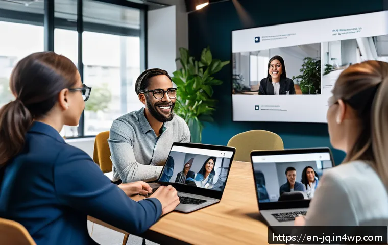 심리적 안전감을 위한 팀 내 소통 툴 비교 - A modern, diverse corporate team engaged in a hybrid meeting environment, showing a mix of people in...